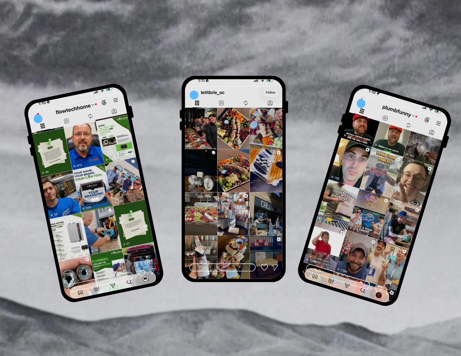 Three phone mockups showing client Instagram grids for Flow Tech Home, Let It Brie and Plumb Funny